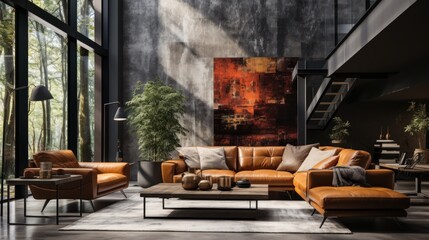 Interior of loft style living area in studio apartment. Dark grunge walls, stylish leather cushioned furniture, coffee table, stairs to mezzanine, panoramic windows. Contemporary home design.