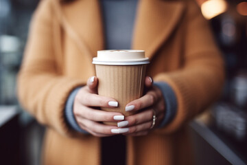 Stylish woman in coat hold in hand paper take away cup of coffee - 643952574