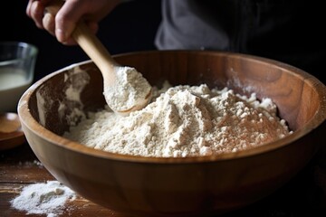 mixing dough in a ceramic bowl with wooden spoon