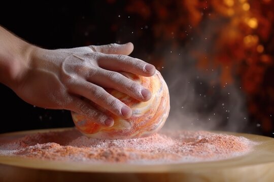 fresh pizza dough spinning on fingertips