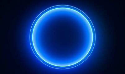 3d render, abstract simple blue background with glowing ring illuminated with the neon light. Geometric shape, blank round frame, Generative AI