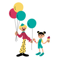 Clown giving a balloon to little girl flat cartoon illustration