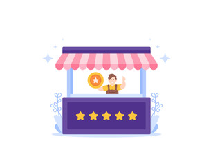 Small Medium Enterprise or SME. reviews and ratings. a man is at a shop stand. retail business, shop, Franchise. five stars. service for customers. illustration concept design. vector elements. white 