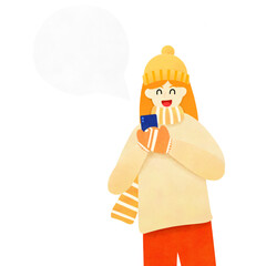 hand drawn happy girl use smartphone chatting with friend,png illustration isolated background.