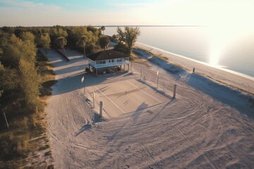 aerial view of deserted beach volleyball court