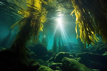 Fototapeta na wymiar underwater view of kelp canopy creating shadows