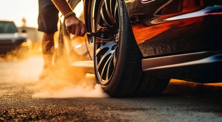 Foto op Plexiglas car driving on the road, close-up of a sports car doing burnout on the street, car doing burnout, close-up of car © Gegham