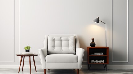 Front view of a modern minimalist scandi living room. White wall with poster template, comfortable armchair, coffee table, side table with lamp, houseplant. Home decor. Mockup, 3D rendering.