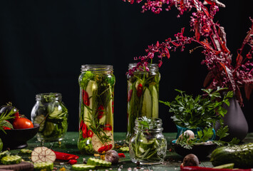 Canned cucumbers with home garden vegetables and herbs. Pickling fresh cucumbers after harvest.