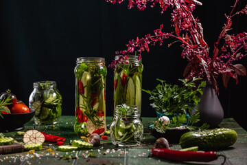 Canned cucumbers with home garden vegetables and herbs. Pickling fresh cucumbers after harvest.