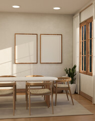 A beautiful Scandinavian dining room interior with a dining table with wooden chairs