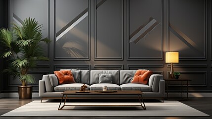 Obraz premium Front view of a modern classic living room. Gray wall with 3D geometric pattern, trendy sofa with cushions, coffee table, plant in floor pot. Contemporary home design. Mockup, 3D rendering.