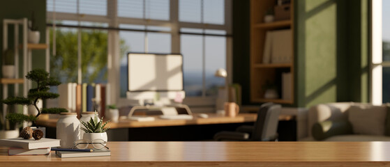 Empty space on a wooden table in a modern home office room with a computer desk against the window