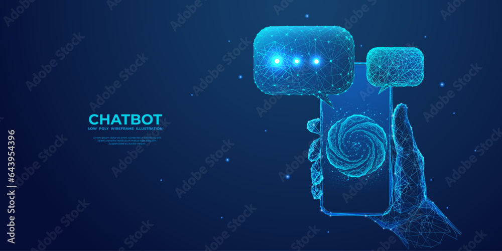 Aufkleber Close-up hand with phone. Chat bot abstract logo on smartphone screen with speech bubbles. Digital chatting artificial intelligence concept on technology blue background. Low poly wireframe vector.