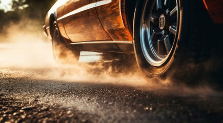 car driving on the road, close-up of a sports car doing burnout on the street, car doing burnout, close-up of car - obrazy, fototapety, plakaty