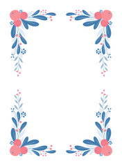 Rectangular frame of blue leaves with red berries for greeting cards. Christmas decorations for postcards. Design for invitations and cards. Flat tyle. Vector illustration.