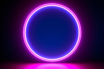 3d render, blue pink neon round frame, circle, ring shape, empty space, ultraviolet light, 80's retro style, fashion show stage, abstract background, Generative AI