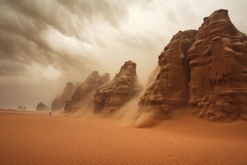 Fototapeta na wymiar sandstorm sweeps over rock formations in the desert