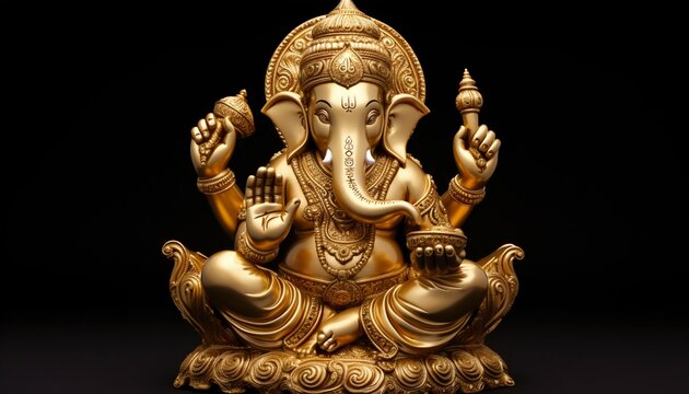 Gold Ganesha in Sitting Pose on Black Background. Generative ai
