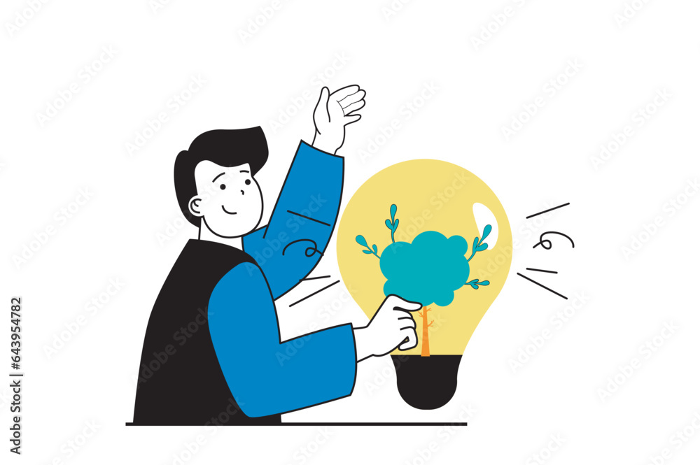 Poster green energy concept with people scene in flat web design. man using green clean energy generation t