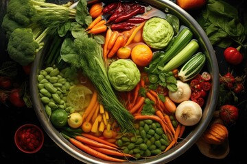 overhead view of a sink filled with soaking vegetables