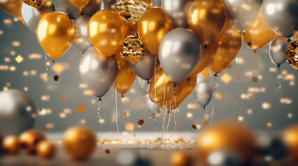 Celebration banner background with gold confetti and balloons, generative ai