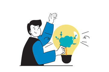 Green energy concept with people scene in flat web design. Man using green clean energy generation technology for eco light bulbs. Vector illustration for social media banner, marketing material.