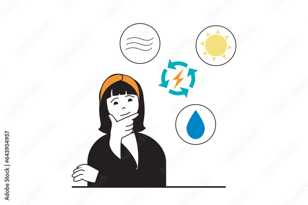 Aufkleber green energy concept with people scene in flat web design. woman using renewable resources with recy