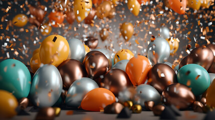 Celebration banner background with gold confetti and balloons, generative ai