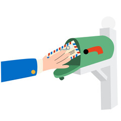 The postman puts a letter in the mailbox.World Post Day.
