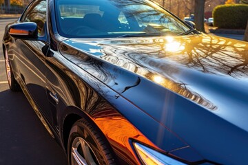 Fototapeta premium shiny car hood reflecting sunlight after waxing