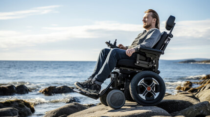 A man in a wheelchair on the ocean shore