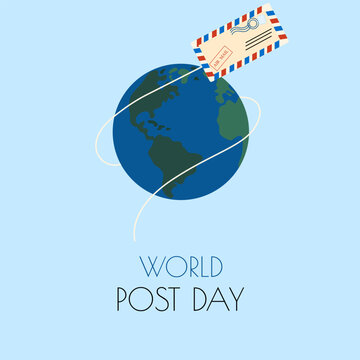  Flying mail paper on the world with world map background. World Post Day.