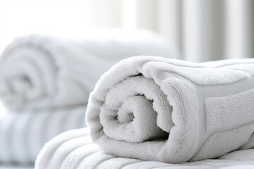 Clean sanitary towels in room hotel bed, resort accommodation feels cozy, comfortable and relaxed - obrazy, fototapety, plakaty