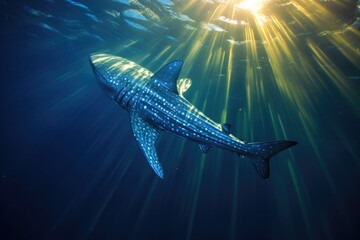 top view of whale shark feeding with sunlight filtering through water