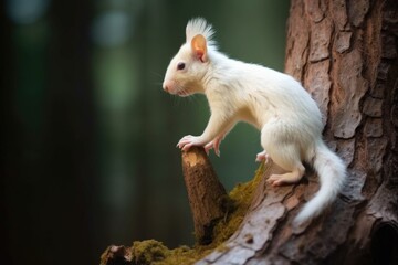 albino squirrel climbing up a tree trunk in a forest