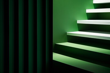 illuminated green neon steps leading into the depth, showcasing modern design with dramatic lighting