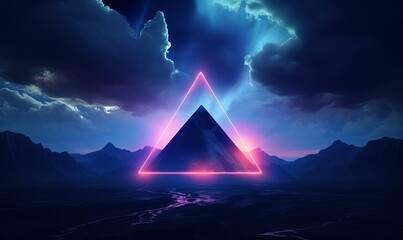 3d render. Abstract futuristic background. Fantastic landscape with glowing geometric triangle, stormy cloud and mountains under the night sky, Generative AI