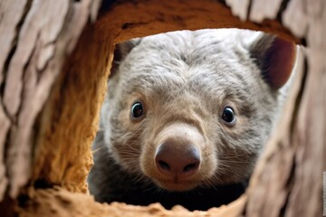 Obraz premium close-up of wombat head peeking out of burrow entrance