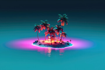 Fototapeta na wymiar A small island with palm trees Neon Paradise Generative AI