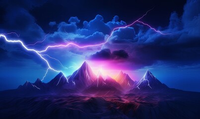 3d rendering. Abstract landscape background with glowing neon bolt symbol, stormy clouds, lightning and rocky mountains at night, Generative AI - obrazy, fototapety, plakaty