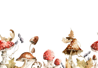 Obraz premium Watercolor floral seamless border. Hand painted autumn forest leaves, fern, fall leaf, mushrooms, isolated on white background. illustration for card design, harvest print