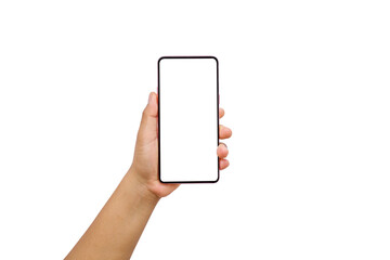 The hand is holding the white screen, the mobile phone is isolated on a white background with the...