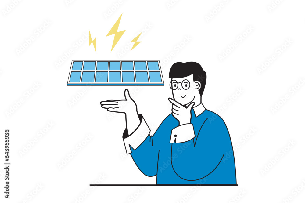 Aufkleber green energy concept with people scene in flat web design. man uses solar panel to generate electric
