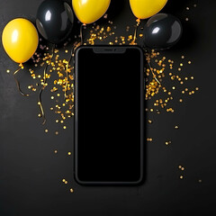  Smartphone on a party like background with black and yellow balloons and confetti. Concept of sale, shopping, deals and black friday, spring sale or cyber monday.