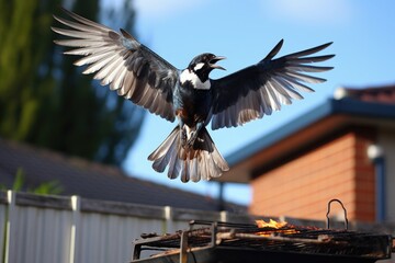 a magpie swooping to grab a piece of meat from a barbecue grill - obrazy, fototapety, plakaty