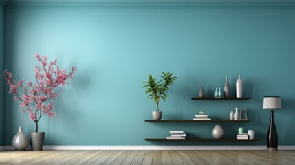 Fototapeta na wymiar Front view of a modern minimalist japandi living room. Cian empty wall, hardwood floor, wall shelves, exotic plant in floor vase, floor lamp, home decor. Mockup, 3D rendering.