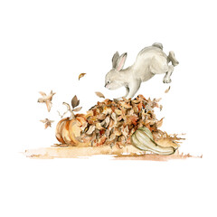Watercolor nursery set. Hand painted autumn composition of cute bunny, rabbit character, pumpkin, forest fall leaves, isolated on white background. Baby illustration for card design, print, poster