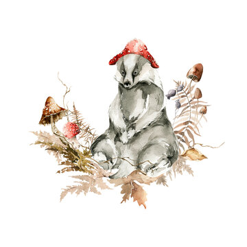 Watercolor nursery set. Hand painted autumn composition of cute badger character, mushroom, forest leaves, fall leaf, isolated on white background. Baby illustration for card design, print, poster