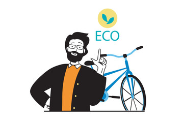 Green energy concept with people scene in flat web design. Man using bike like eco friendly urban transportation, protecting nature. Vector illustration for social media banner, marketing material.